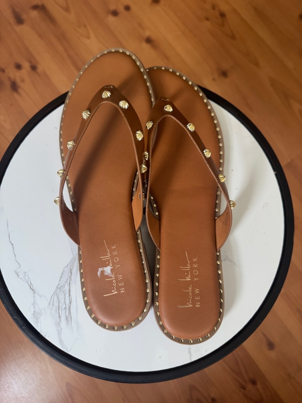 Nicole Miller Brown Studded Flip Flops